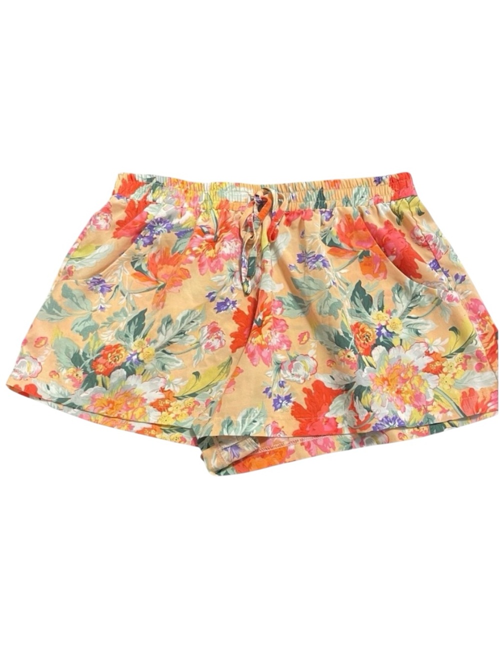 Lulumari Peach Colourful Floral Elastic Waist Drawstring Shorts (M)
